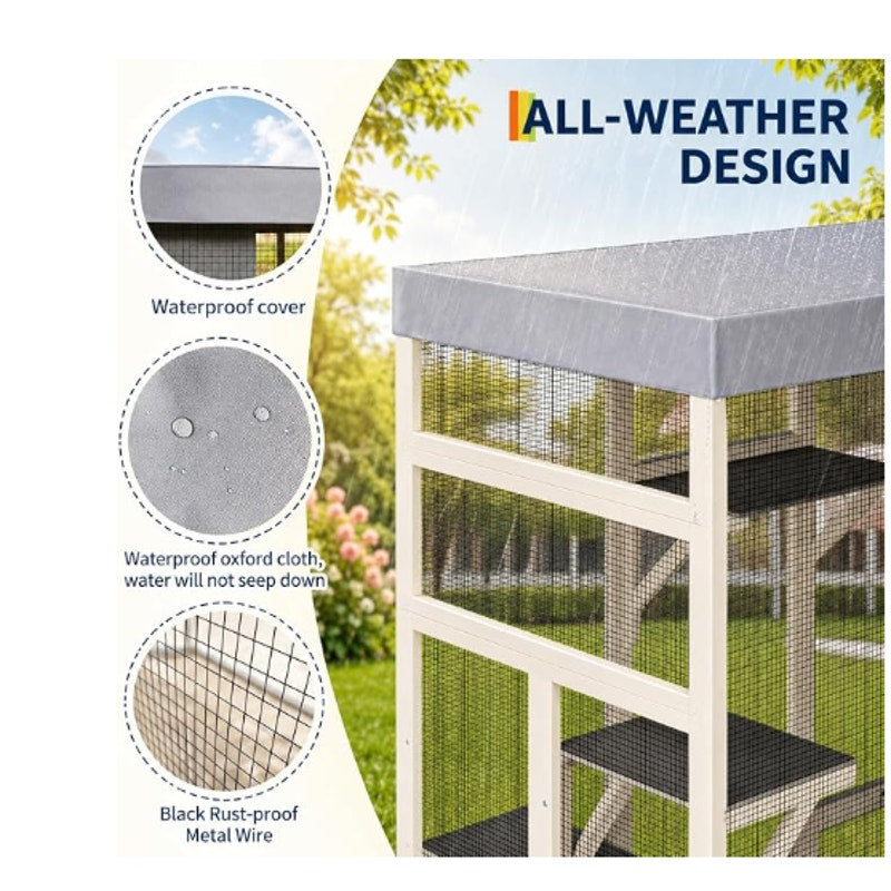 70" Large Outdoor Catio Cat Enclosure, Wood Cat Patio with Waterproof UV-Resistant Roof