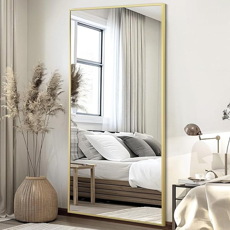 Full Length Mirror, 76"x34" Oversized Floor, Free Standing, Gold, Tempered Glass, Large Full Body