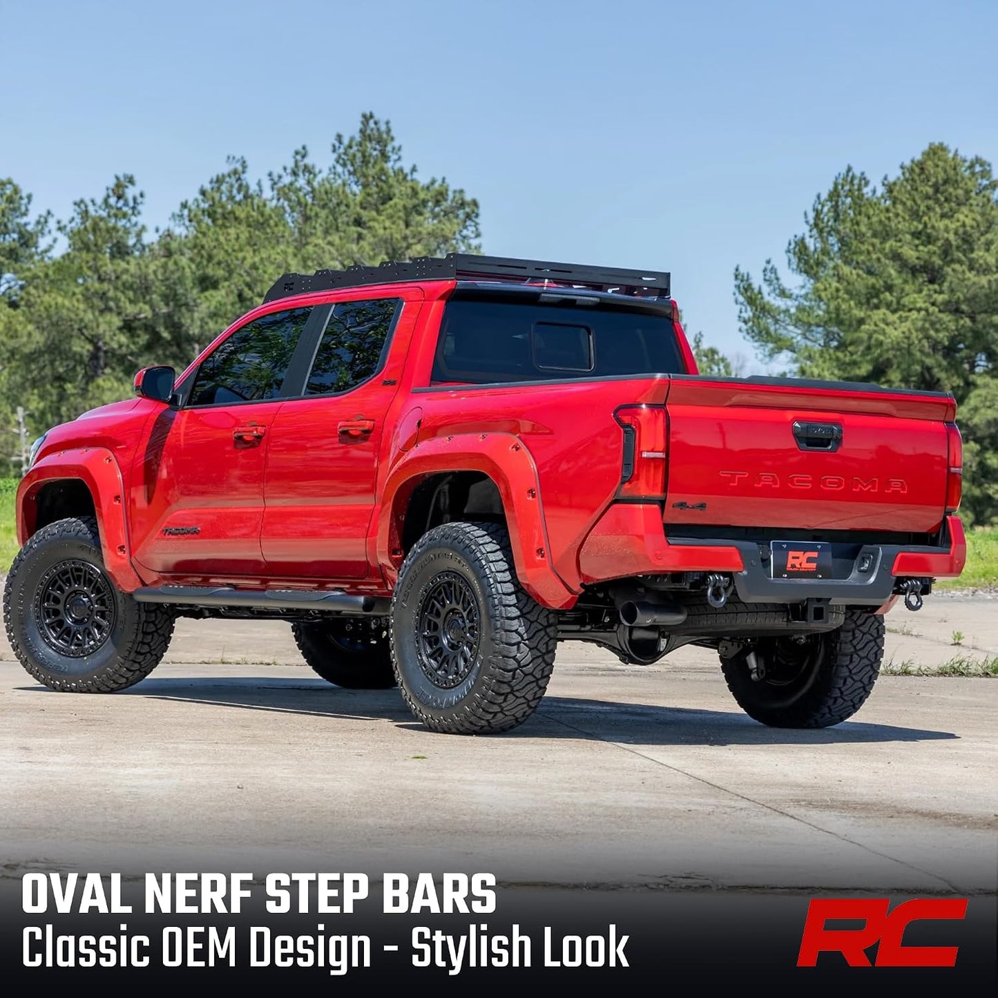 Rough Country Oval Nerf Steps for Toyota Tacoma Double Cab (2024-2026) - OEM Style Rails. Black