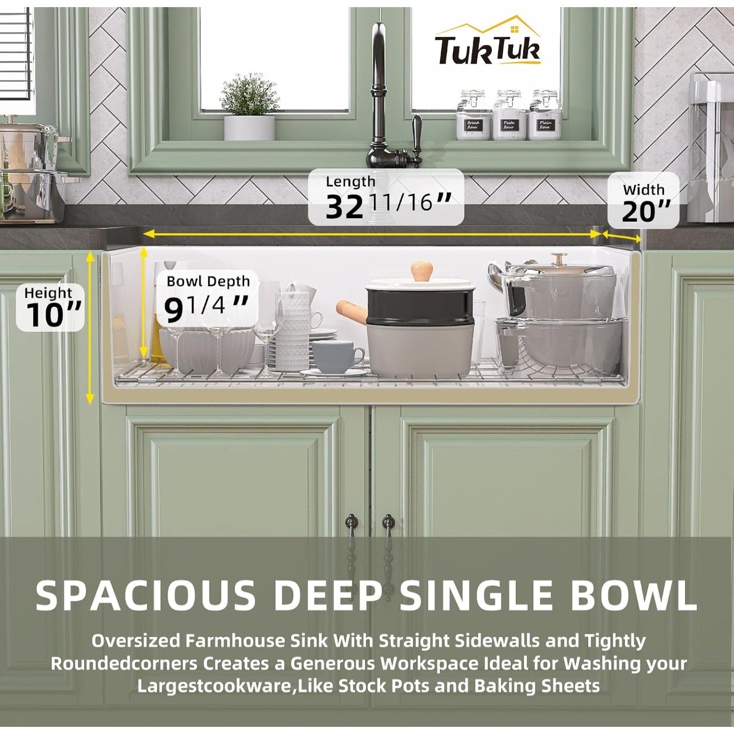 TUKTUK White Farmhouse Sink 33X20 Fireclay Farm Sink for Kitchen Apron Undermount