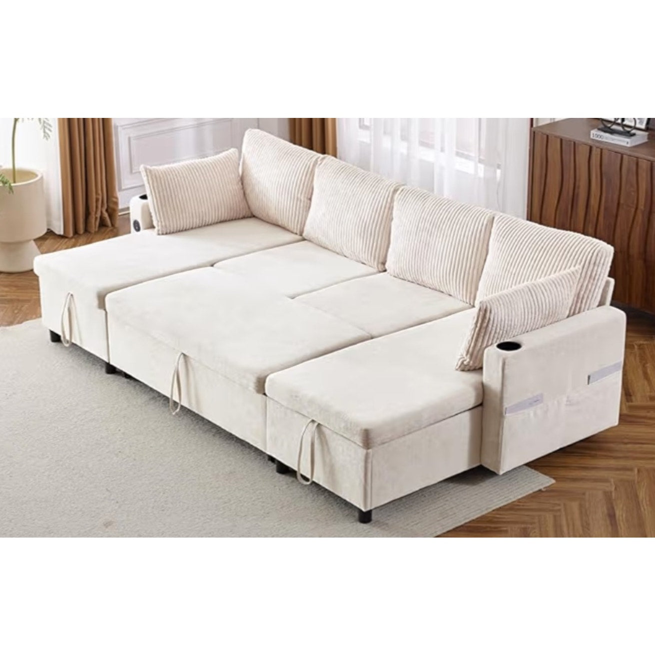 Sectional Sleeper Sofa with Double Storage Chaise, Pull Out Sofa Bed Couch with USB Ports
