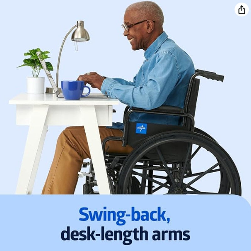 Medline Comfortable Folding Wheelchair with Swing-Back, Desk-Length Arms and Elevating Footrests