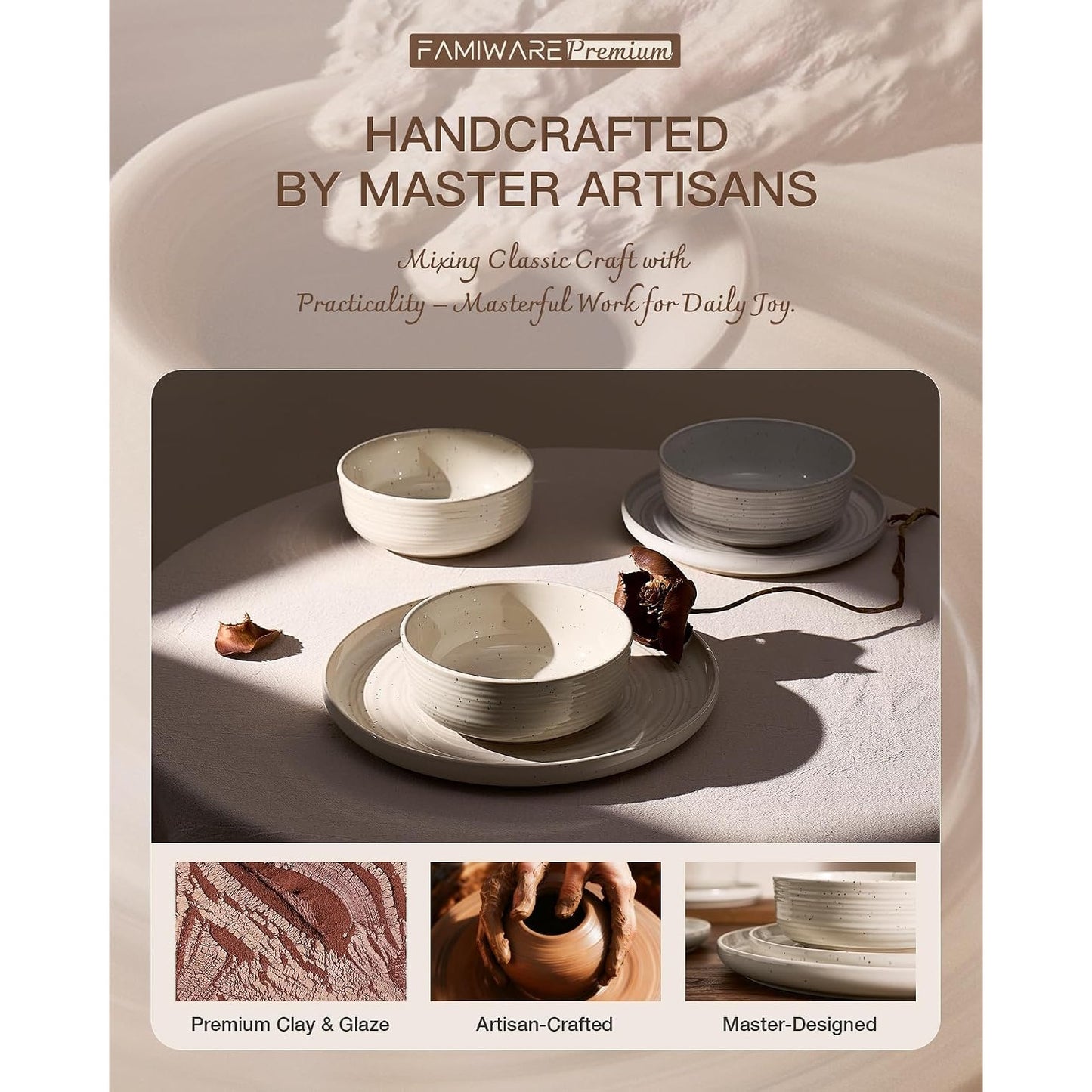 24-Pcs Reactive Glaze Stoneware Dinnerware Sets for 8 - Coupe Plates & Bowls, Shell Beige