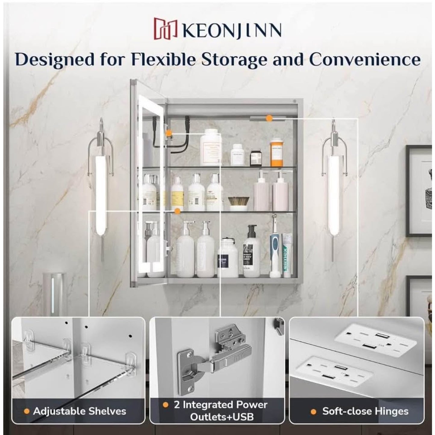 Keonjinn 24 x 32 Lighted Medicine Cabinet with Defogger and Outlets, Medicine Cabinet with Lights 3