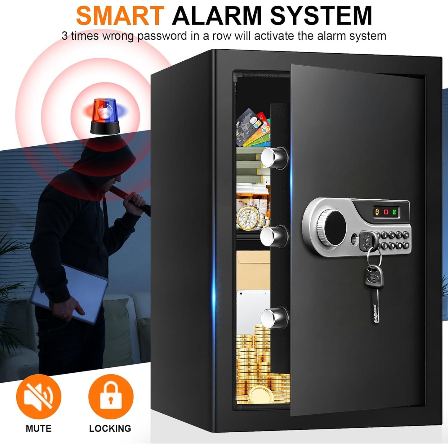 3.3 Cuft Large Home Safes Water and Fireproof, with Keypad Key and Removable Shelf, Document Safe