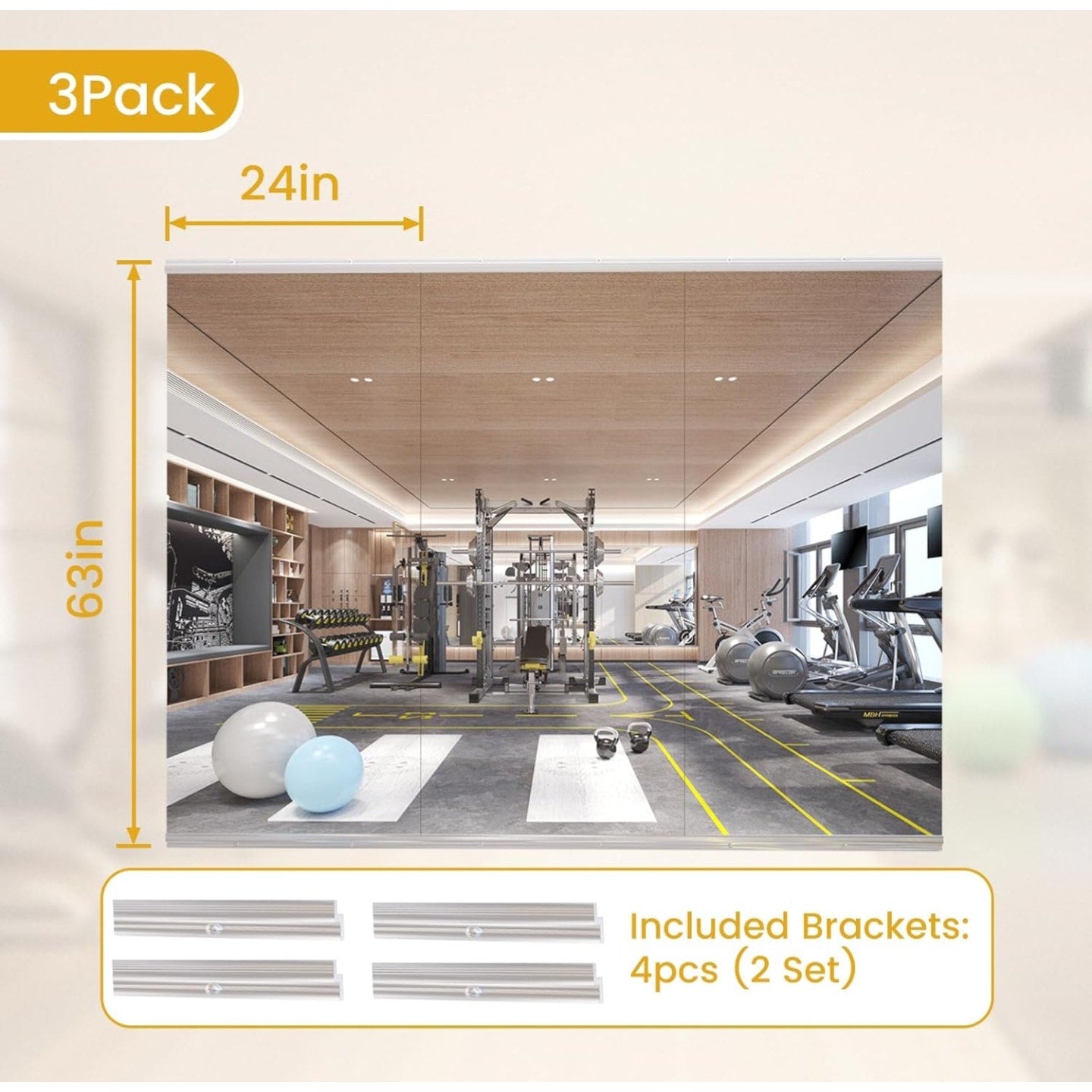 63X24 3Pack Large Home Gym Mirror, Frameless Tempered Glass Dance Wall Mounted Mirror for Home
