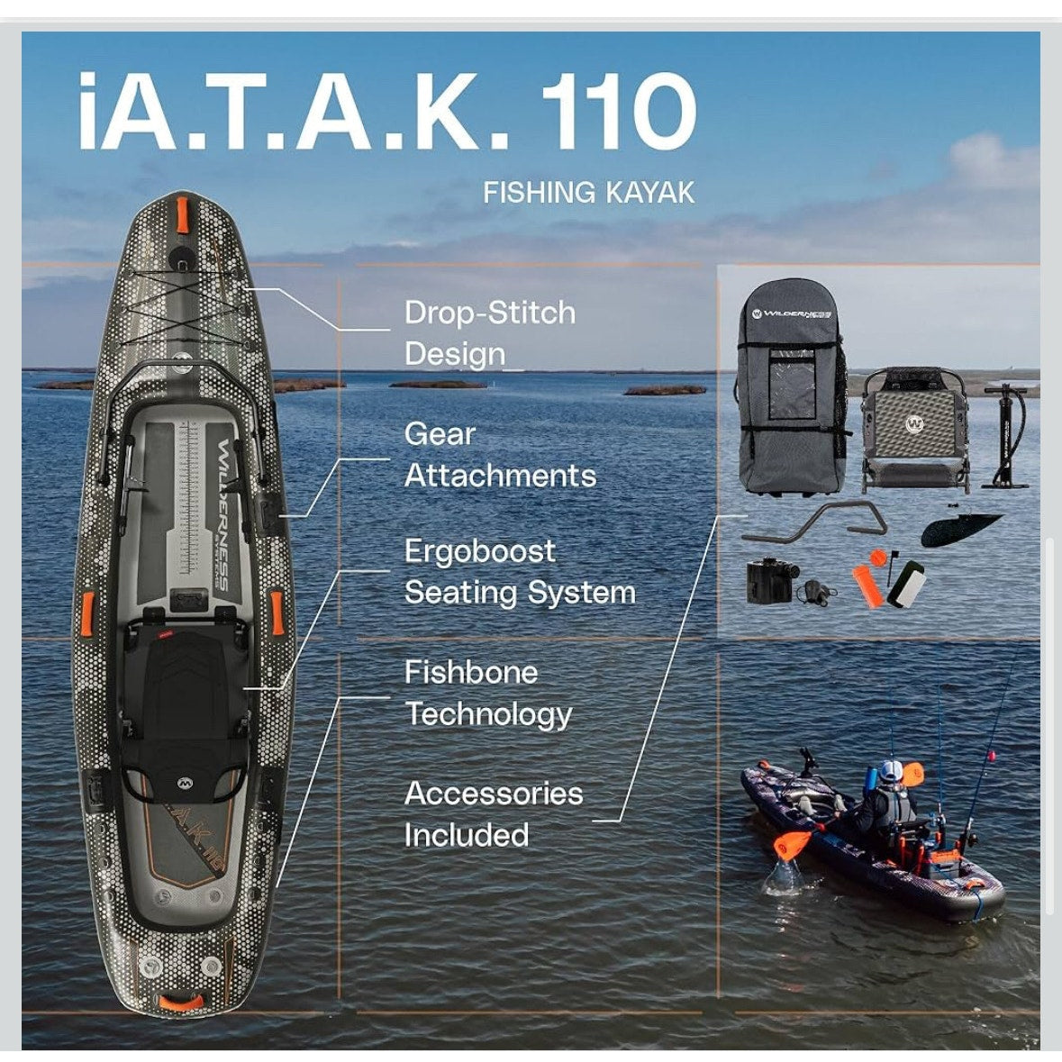 Wilderness Systems iATAK 110 - Sit on Top Fishing Kayak - Inflatable 11ft