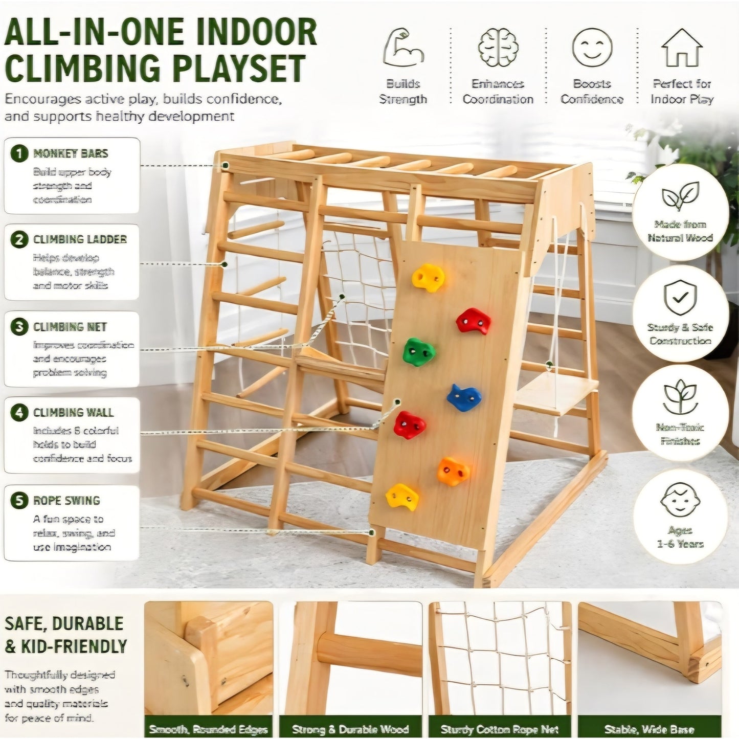 Premium Wooden Indoor Climbing Gym for Kids – Montessori Playset with Climbing Wall, Ladder