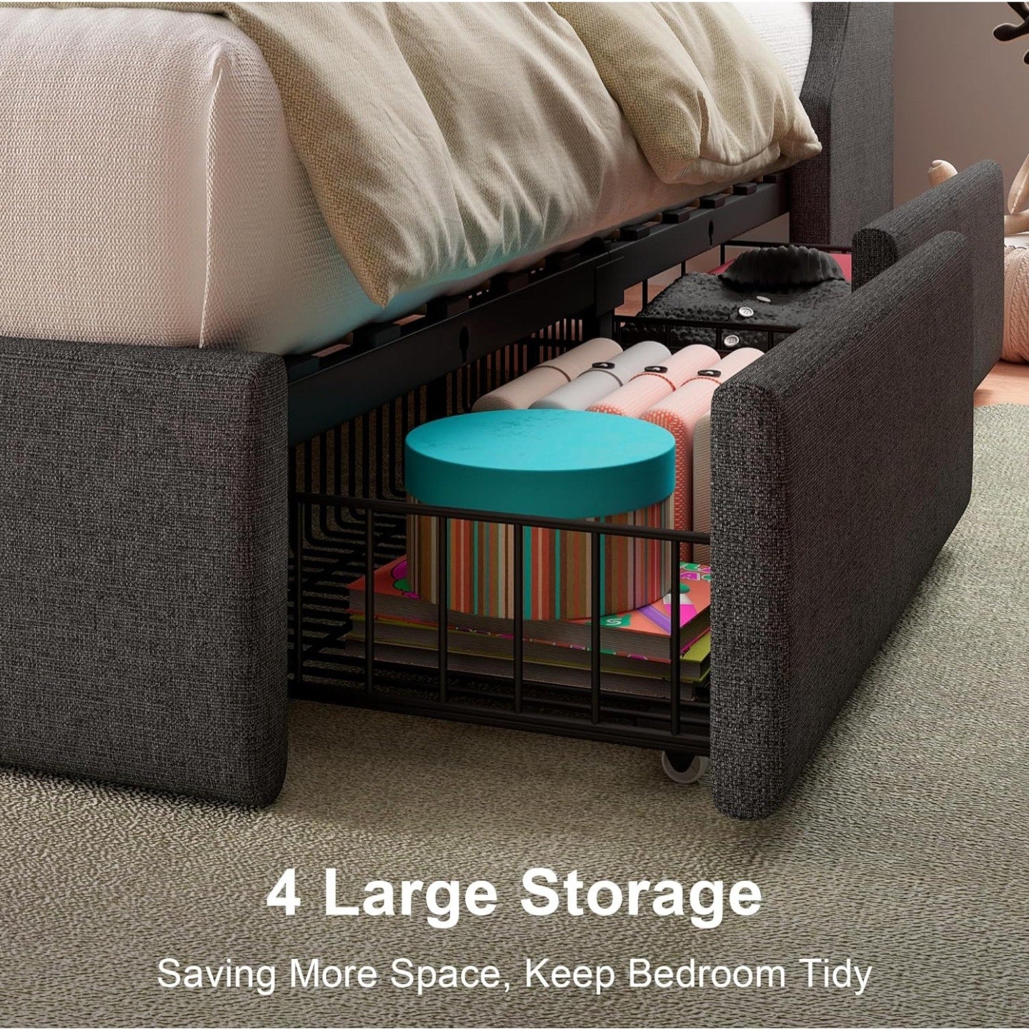 Feonase Twin Bed Frame with 4 Storage Drawers, Upholstered Wingback Headboard, Easy Assembly