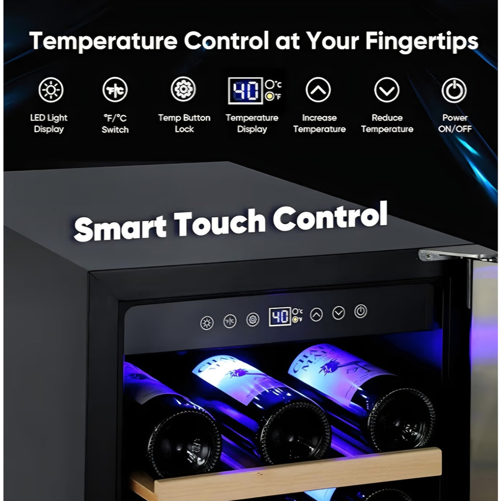 15 Inch Wine Cooler Under Counter, 30 Bottle Wine Fridge with Stainless Steel Glass Door