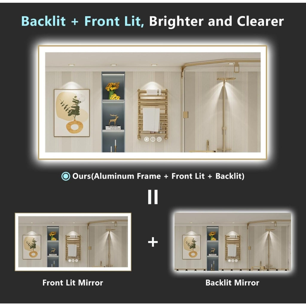 84x32 Gold Framed LED Bathroom Mirror with Lights, Backlit + Front Lit, Anti-Fog Lighted Vanity