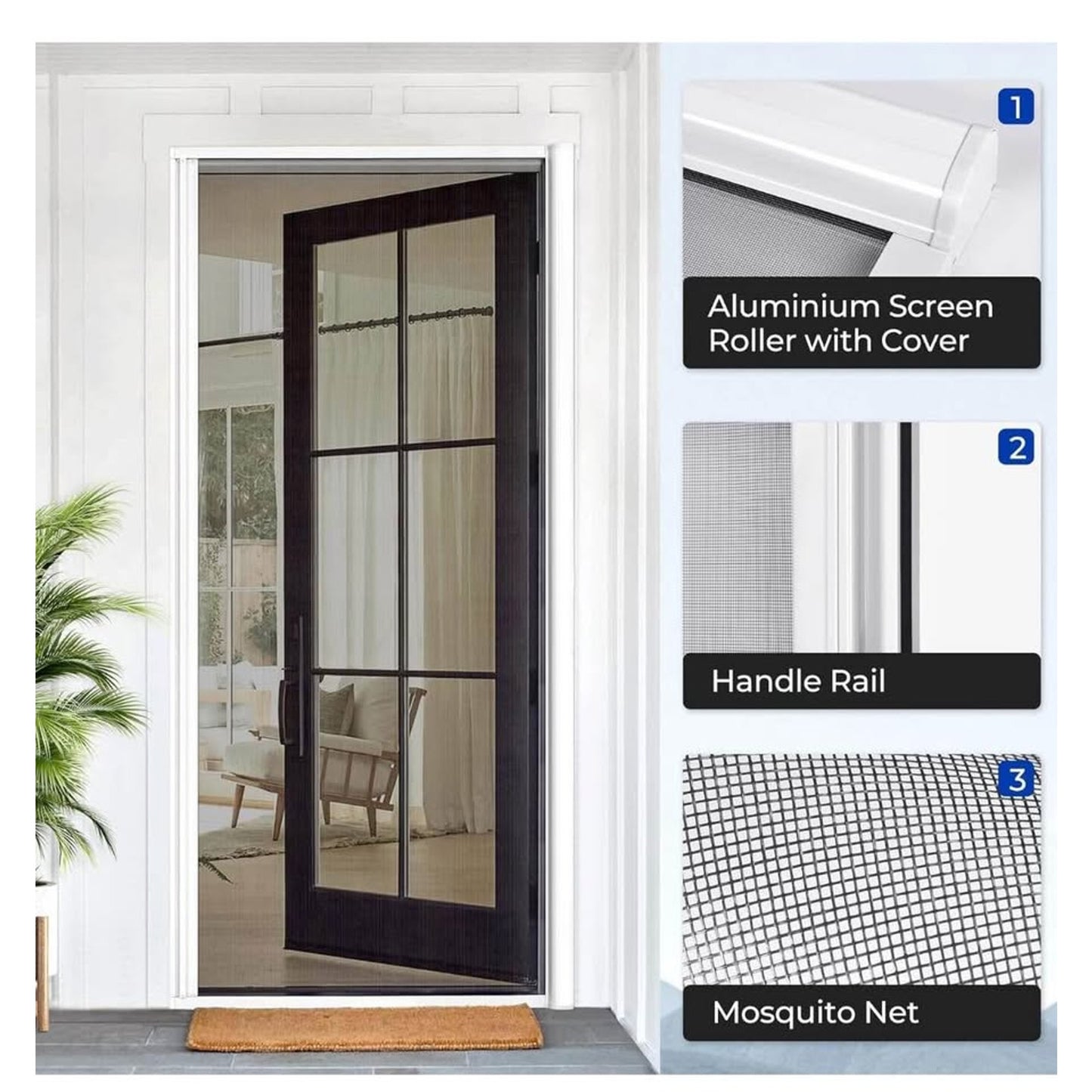 Retractable Door Screen for Single Door, Free Stop Sliding Patio Doors - Durable White Aluminium Fra