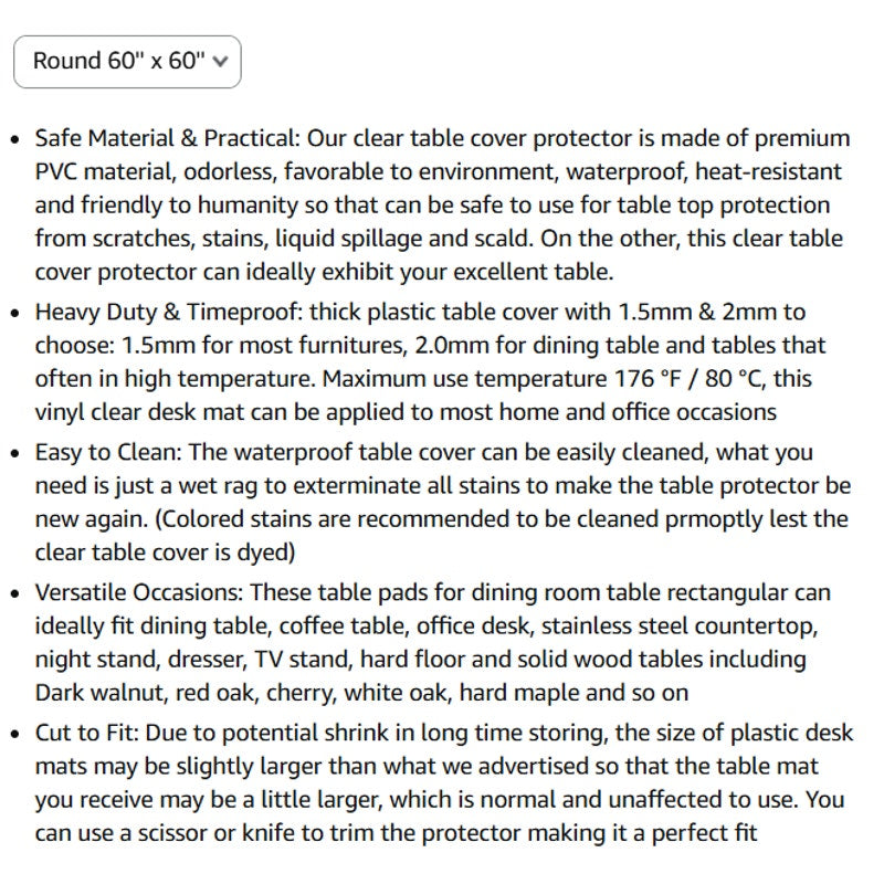Clear Round Table Cover Protector 60 Inch, 1.5mm Transparent Plastic Waterproof, FDA Compliant