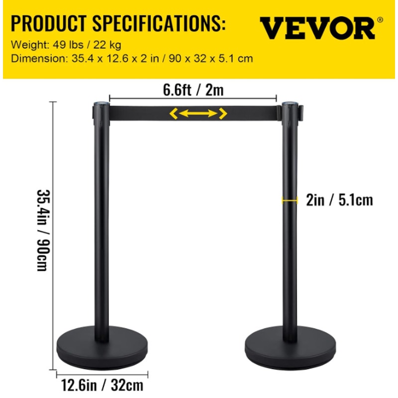 VEVOR Crowd Control Stanchion Set, Stanchion Set with 6.6 ft/2 m Black Retractable Belt