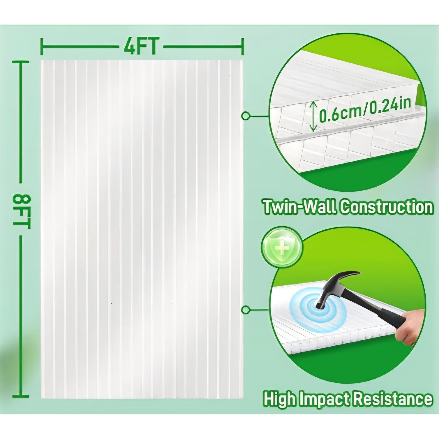 6 Pack Polycarbonate Greenhouse Panels, 8' x 4' x 0.24'' Twin-Wall Polycarbonate Sheets