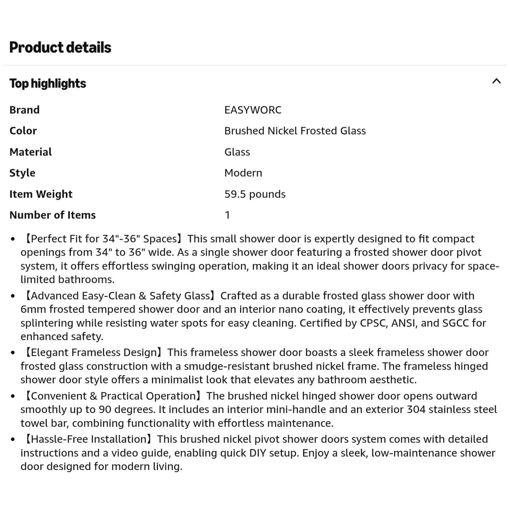 EASYWORCF rameless Pivot Shower Door 34"-36" W x 72" H