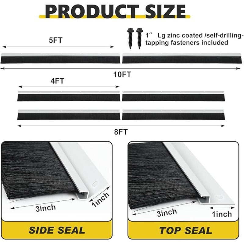 3" Garage Brush Seal Kit for Roll-up Doors 10x 8ft Heavy Duty Nylon Brush with Aluminum Track.Black