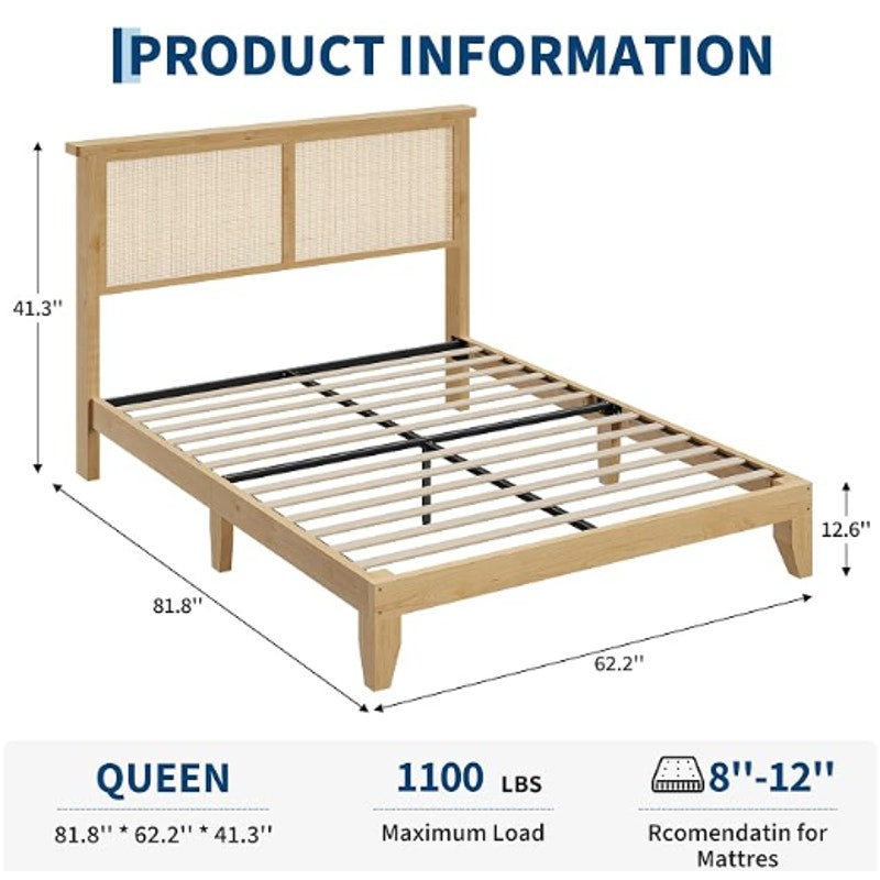 Rattan Bed Frame Queen Size with Natural Rattan Headboard & LED Lights