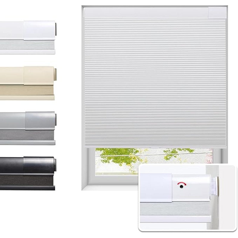 Tonature No Drill Cellular Shades for Indoor Windows, Cordless Blackout, White,59 1/2" W x 64"H