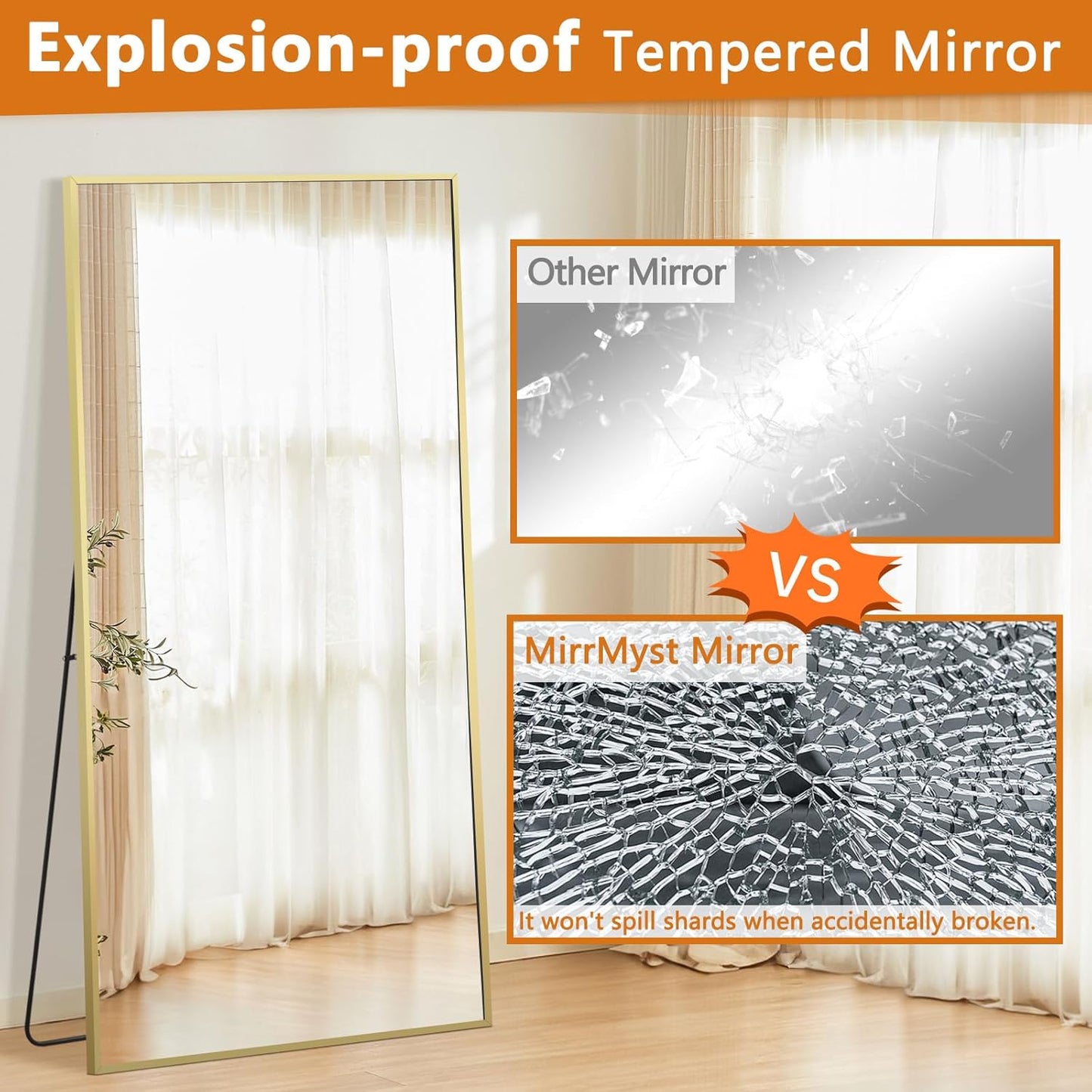 Full Length Mirror, 76"x34" Oversized Floor, Free Standing, Gold, Tempered Glass, Large Full Body