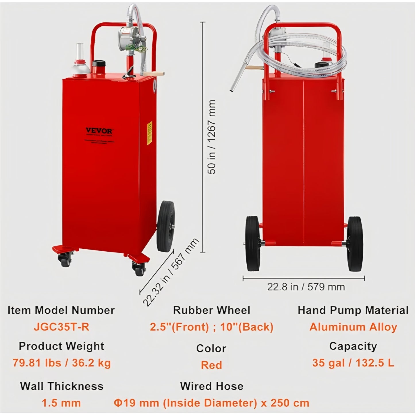 Fuel Caddy 35 Gallon, Gas Storage Tank on 4 Wheels, with Manual Transfer Pump, Gasoline Diesel