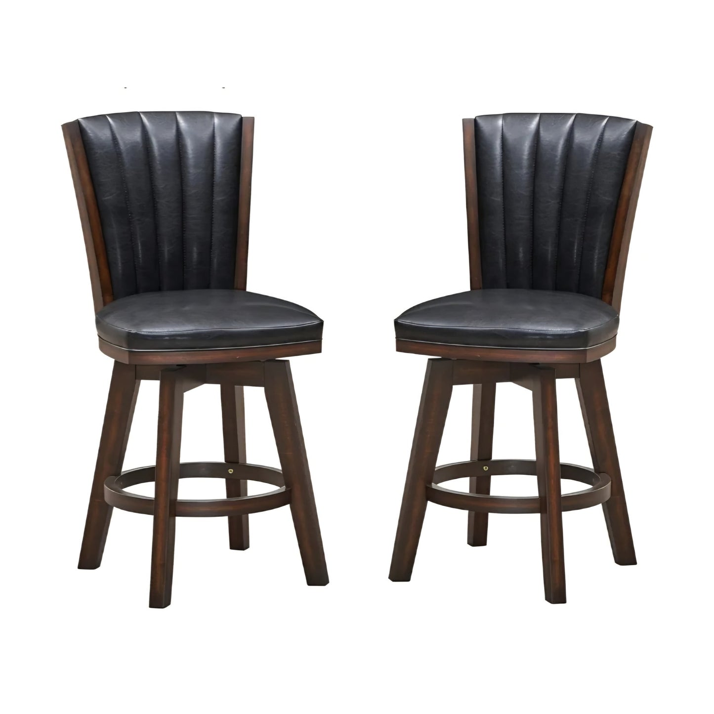 Poundex Furniture 24" Wood Swivel Counter Stool in Black Faux Leather (Set of 2)