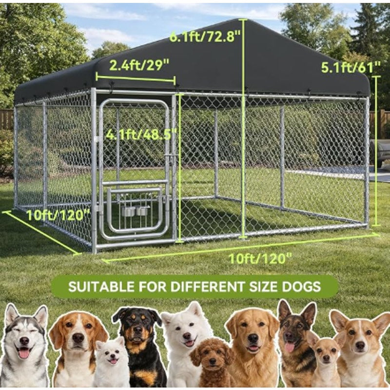 COMHOMA 10×10FT Outdoor Dog Kennel withAdjustable Bowls Feeder Heavy Duty Extra-Large Dog Enclosure