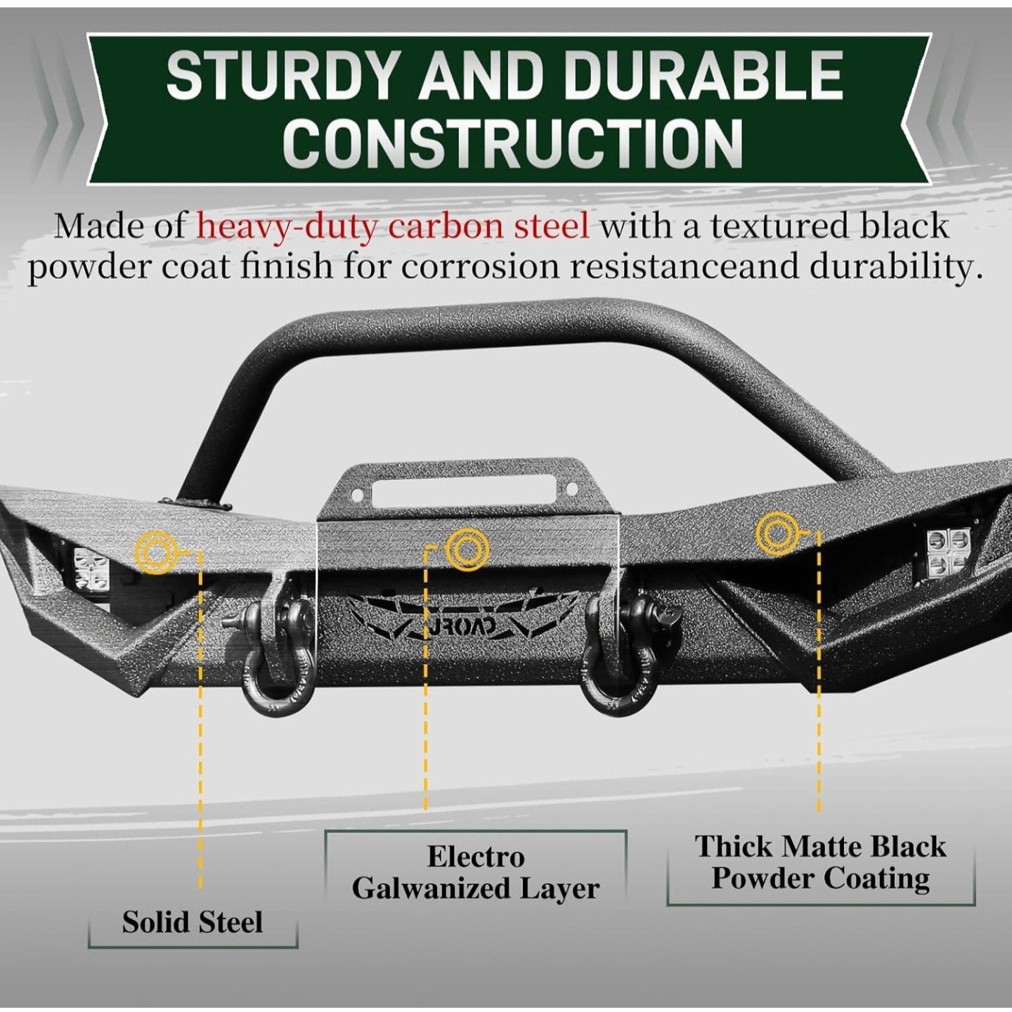 JROAD Compatible with Jeep Wrangler, Front Bumper W/LED Lights, 2 x D-Rings, Winch Plate,2018-2025J
