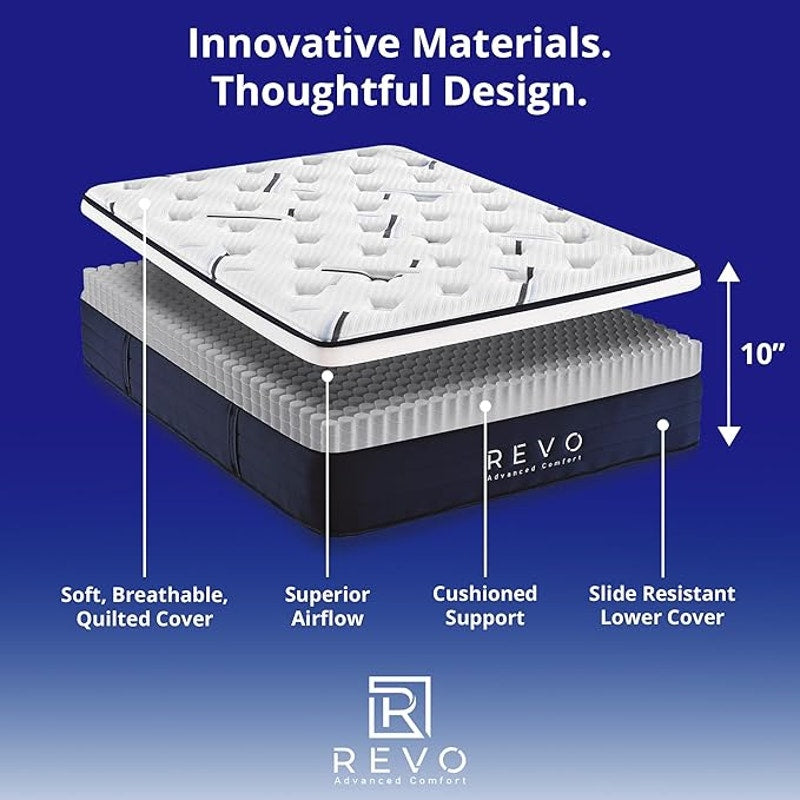REVO Sleep 10-in Cooling Hybrid Queen Mattress with Gel Memory Foam, Superior Medium Comfort.