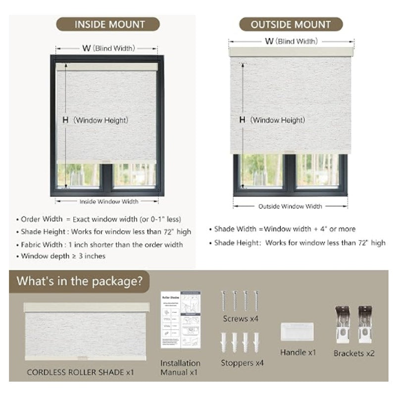 SUNOFF Cordless Blackout Roller Shades Blinds for Windows,60"W x 72"H,Linen