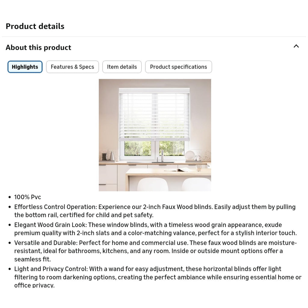 DEZ FURNISHINGS Cordless 2" Faux Wood Blind, 70" W x 72" H, White