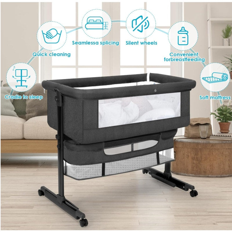 Baby Cradle, Freestanding Bedside Bassinet, 3-in-1 Convertible Bassinet with 360° Swivel Wheels
