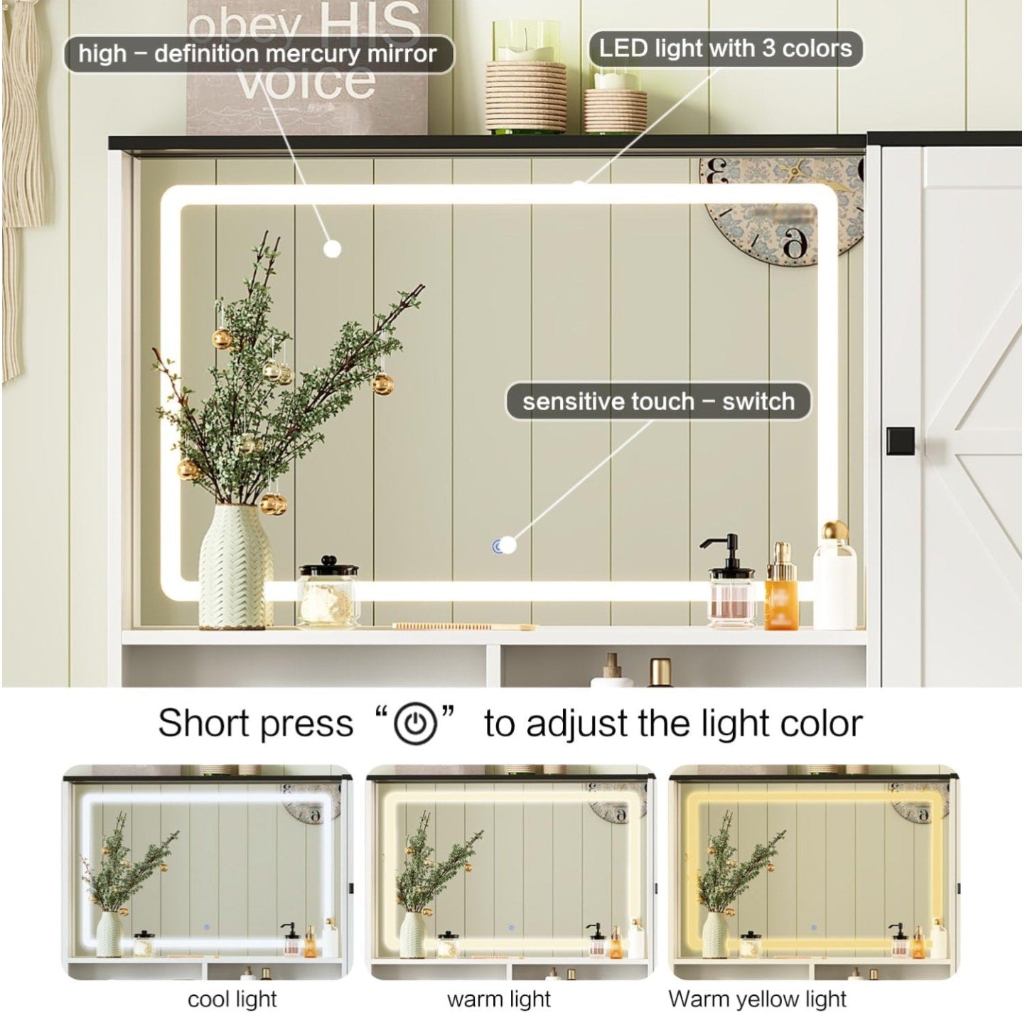 Farmhouse Makeup Vanity Desk with Mirror and Lights,Glass Top Vanity Desk with Power Outlet,Makeup