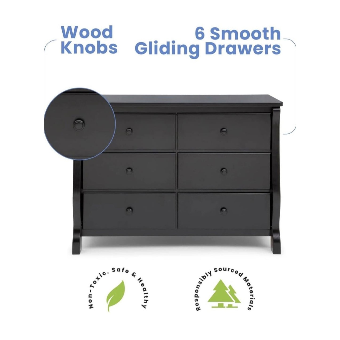Delta Children Universal 6 Drawer Dresser with Interlocking Drawers, Ebony Black
