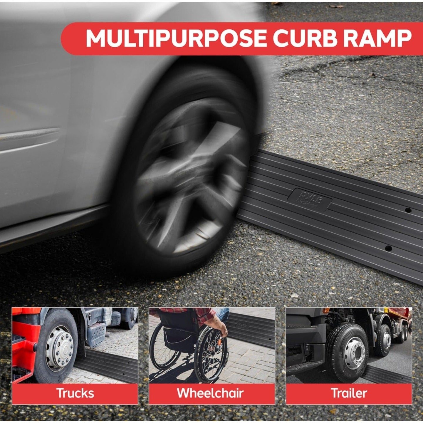Pyle Car Vehicle Curbside Driveway Ramp - 4ft Heavy Duty Rubber Threshold Bridge Tracks Curb Ramps, 2 Pieces Set (for Car, Truck, Scooter, Bike, Motorcycle, Wheelchair Mobility), Black