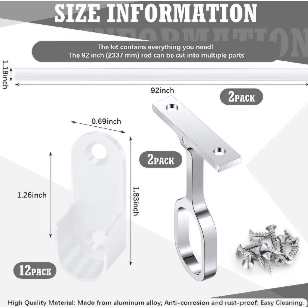 Tandefio Closet Rod Kit with End Caps and Center Support,White
