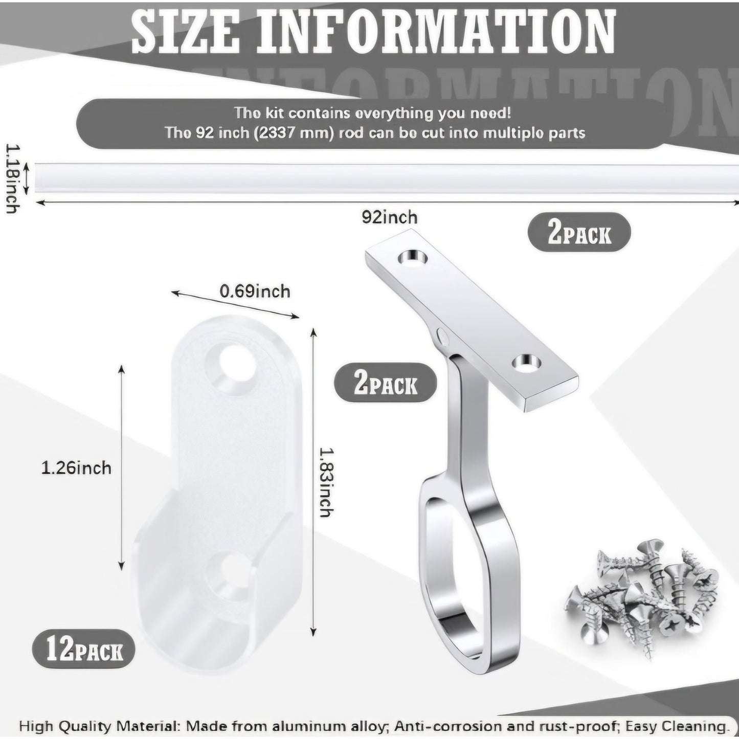 Tandefio Closet Rod Kit with End Caps and Center Support,White
