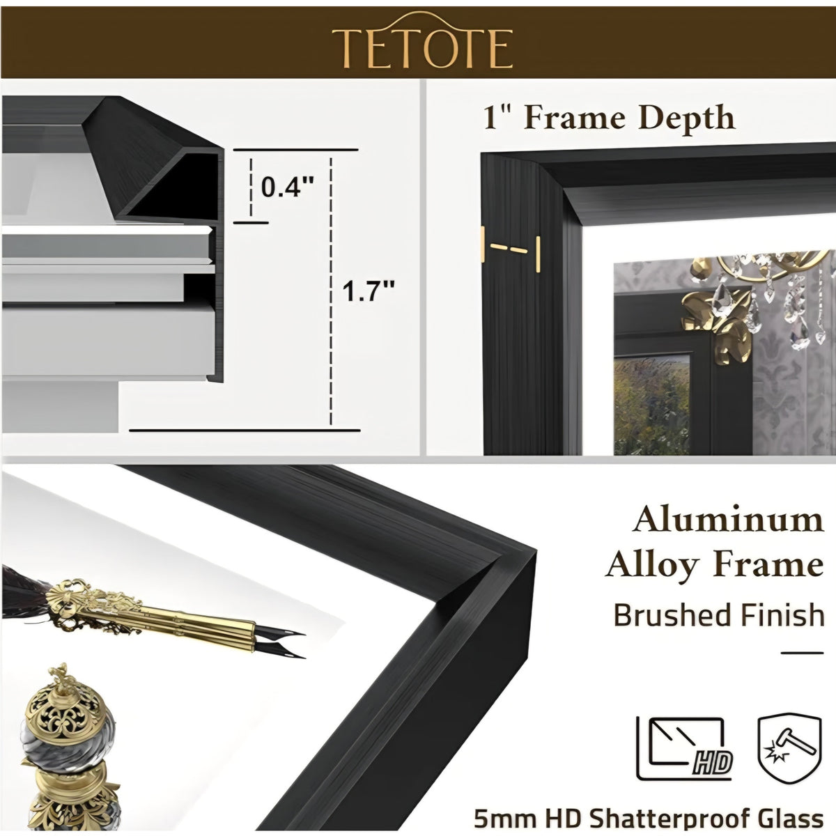 TETOTE 48x40 LED Bathroom Mirror with Lights Black Metal Frame Front & Back Light Vanity Mirror