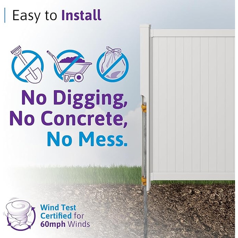 6ft H x 6ft W (1 Panel + 1 Post) Permanent No Dig WamBam Cambridge Fence Kit, Durable White Vinyl.