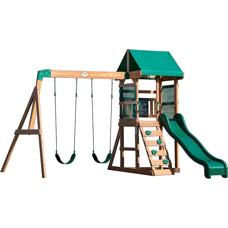 Backyard Discovery Buckley Hill Cedar Wood Swing Set, Wave Slide, Play Deck, Rock Wall Ladder, Green