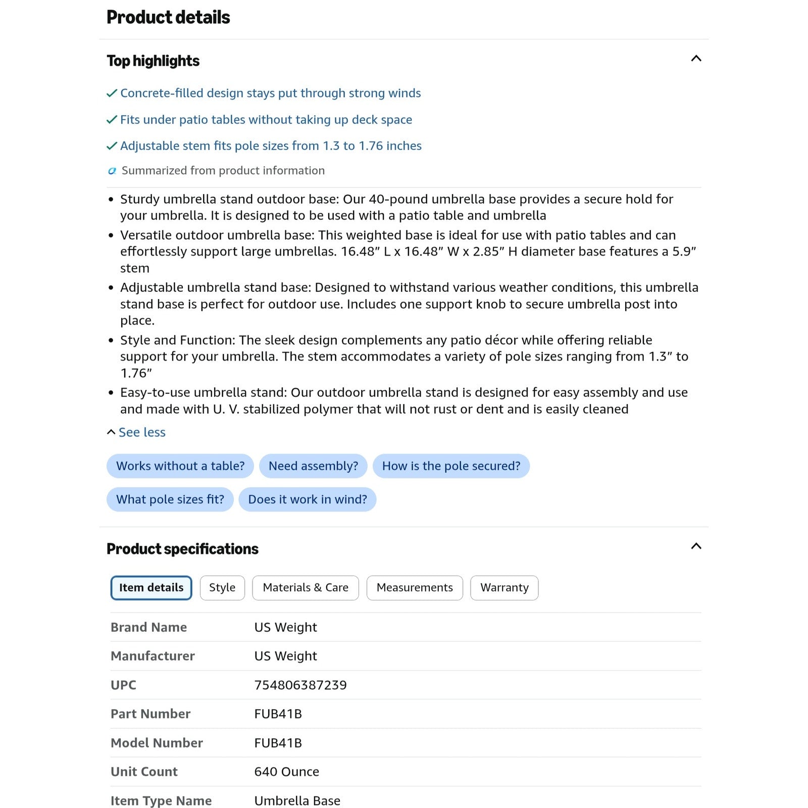 US Weight 40 Pound Umbrella Base - Weighted Umbrella Base For Use With Patio Table