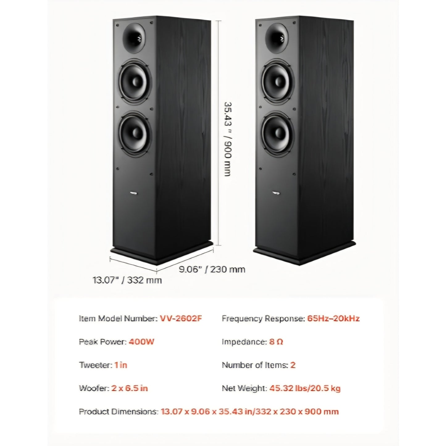 VEVOR Passive Floorstanding Speakers, 2-Way, Floor-Standing Tower Speakers with 1 in Tweeter