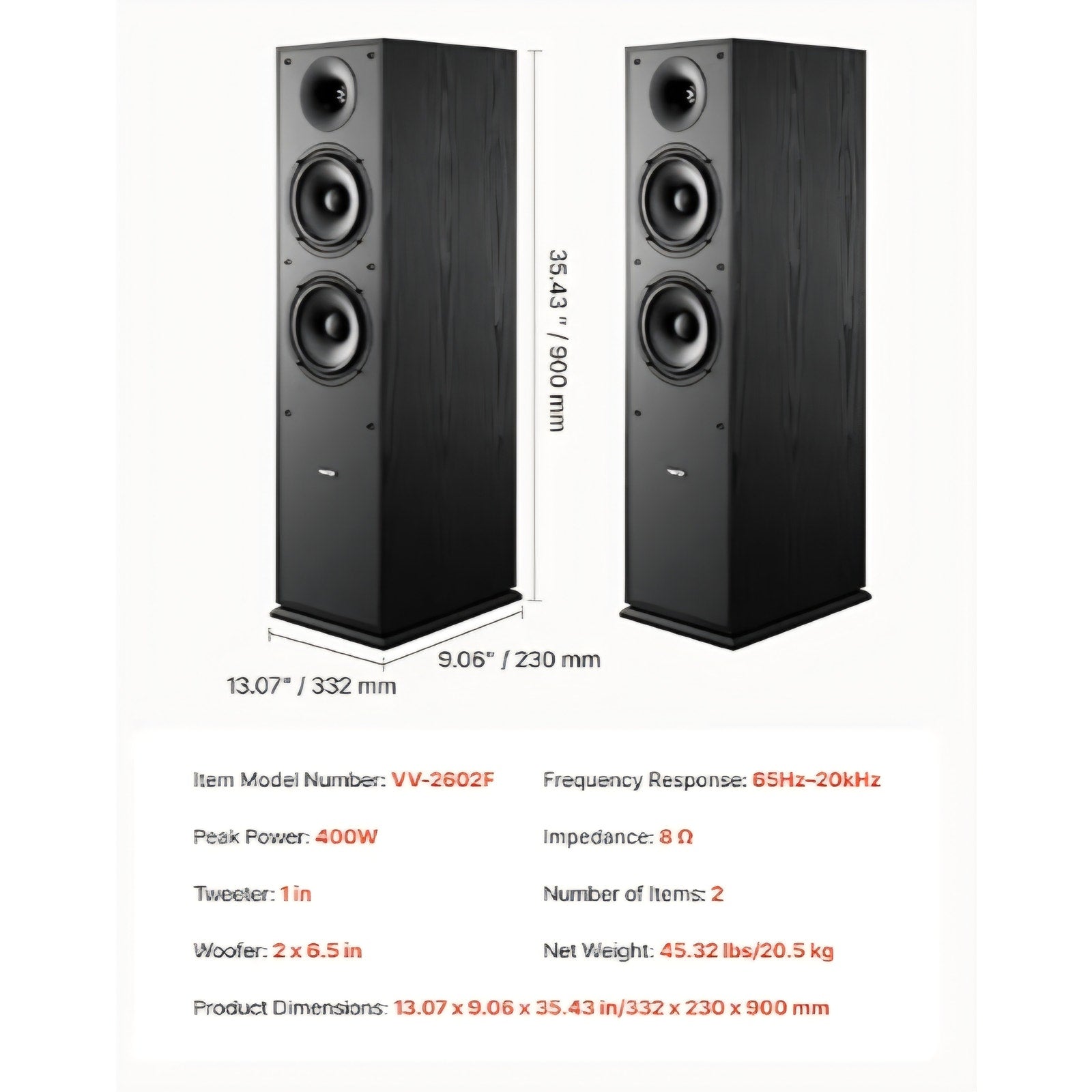 VEVOR Passive Floorstanding Speakers, 2-Way, Floor-Standing Tower Speakers with 1 in Tweeter