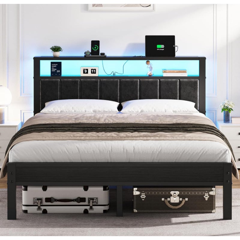 OLEVS Queen Size Bed Frame with LED Lights & Charging Station