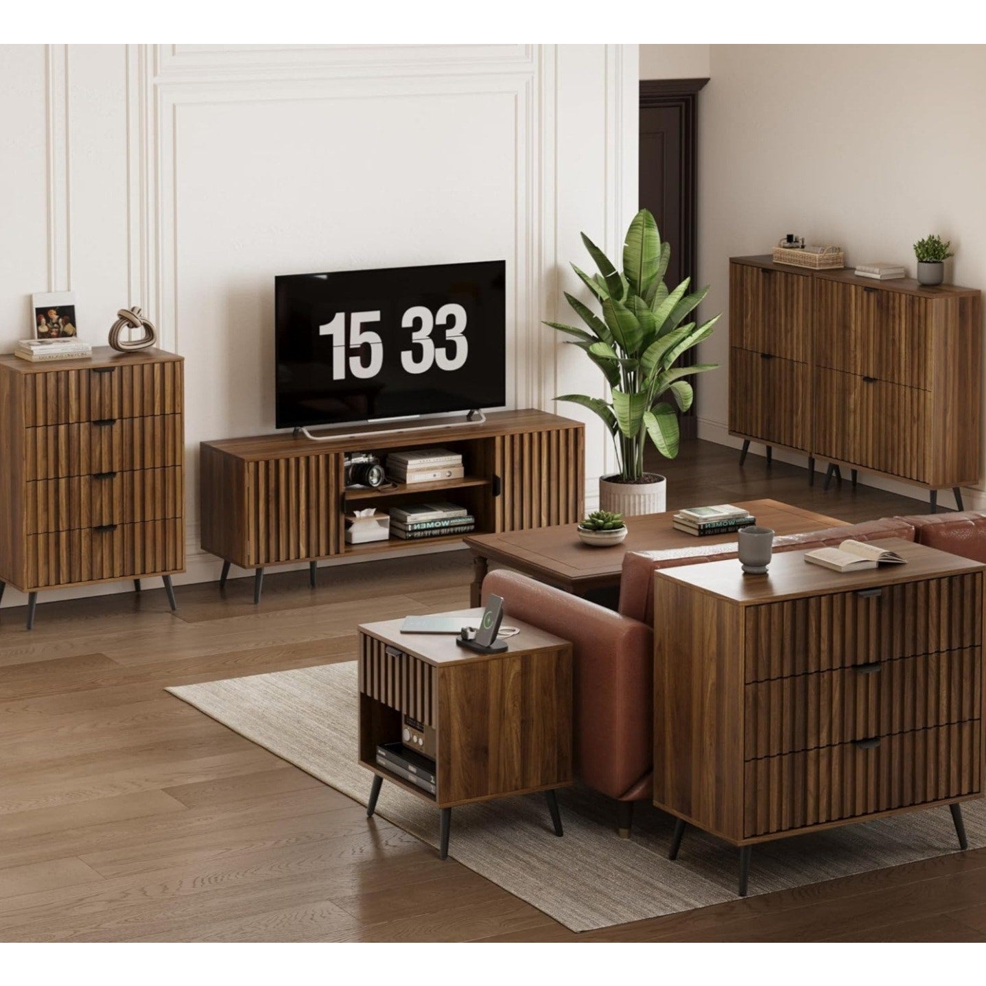 Smart FENDEE 63-Inch TV Stand for TVs up to 70 Inch, Mid-Century Modern Television Stand
