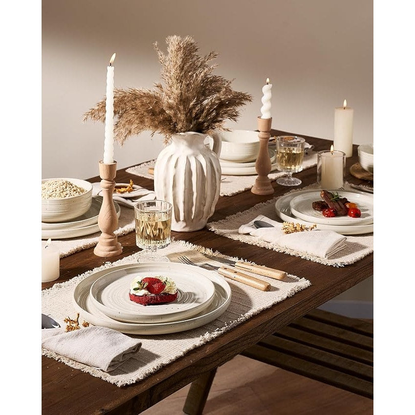 24-Pcs Reactive Glaze Stoneware Dinnerware Sets for 8 - Coupe Plates & Bowls, Shell Beige
