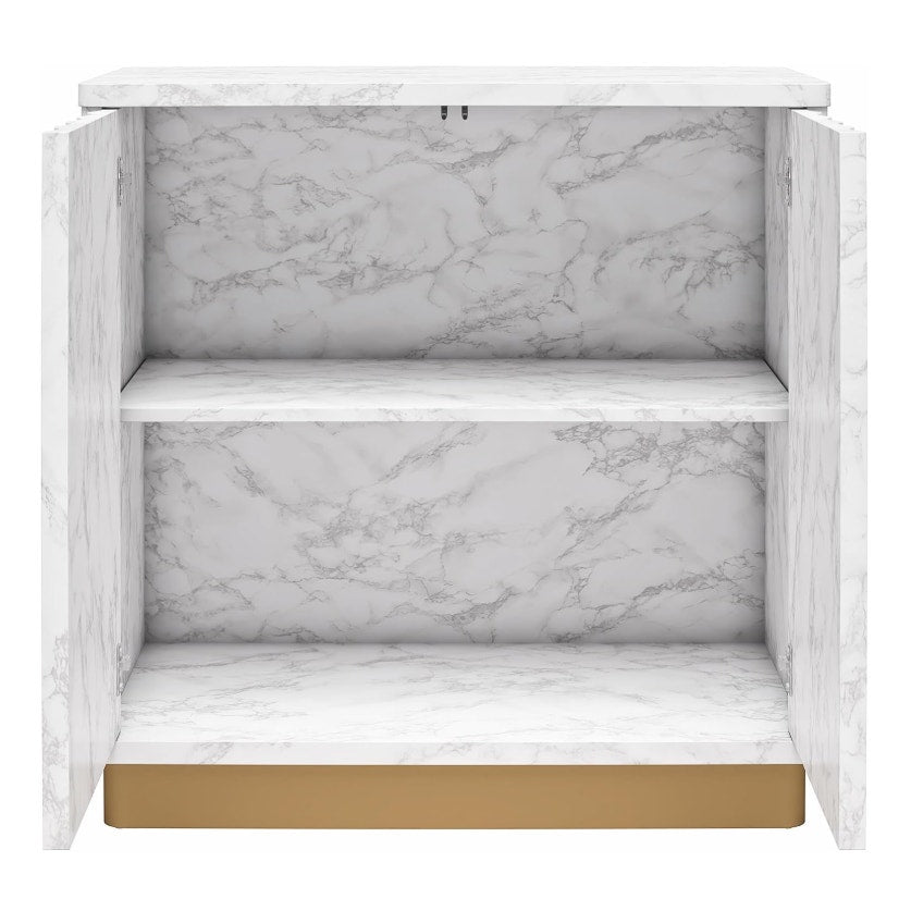 CosmoLiving by Cosmopolitan Rene Scalloped Accent Cabinet, White Faux Marble and Golden Bronze