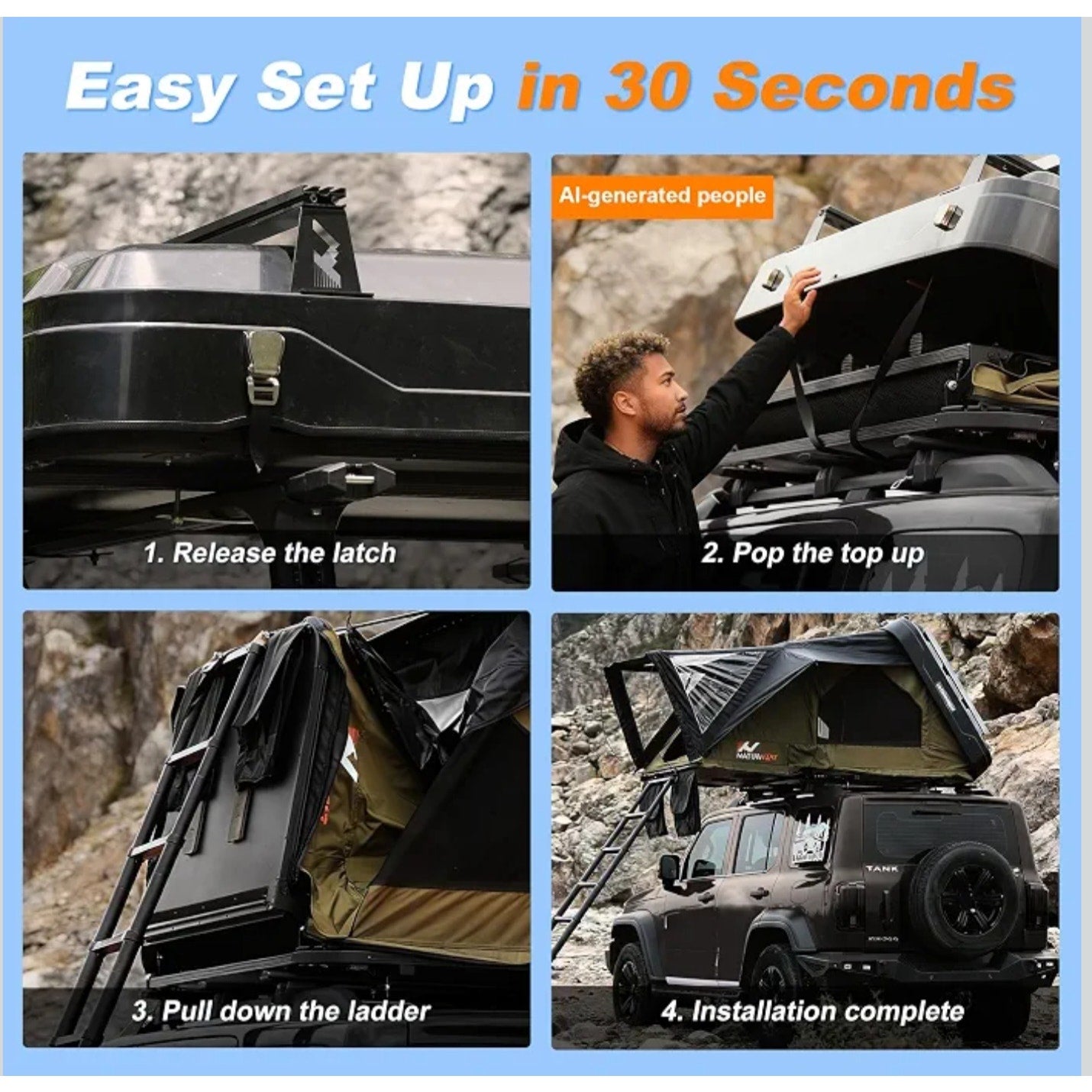 Naturnest Rooftop Tent Hard Shell, Easy Set Up Pop Up Large Tent for 2-3 Person Camping