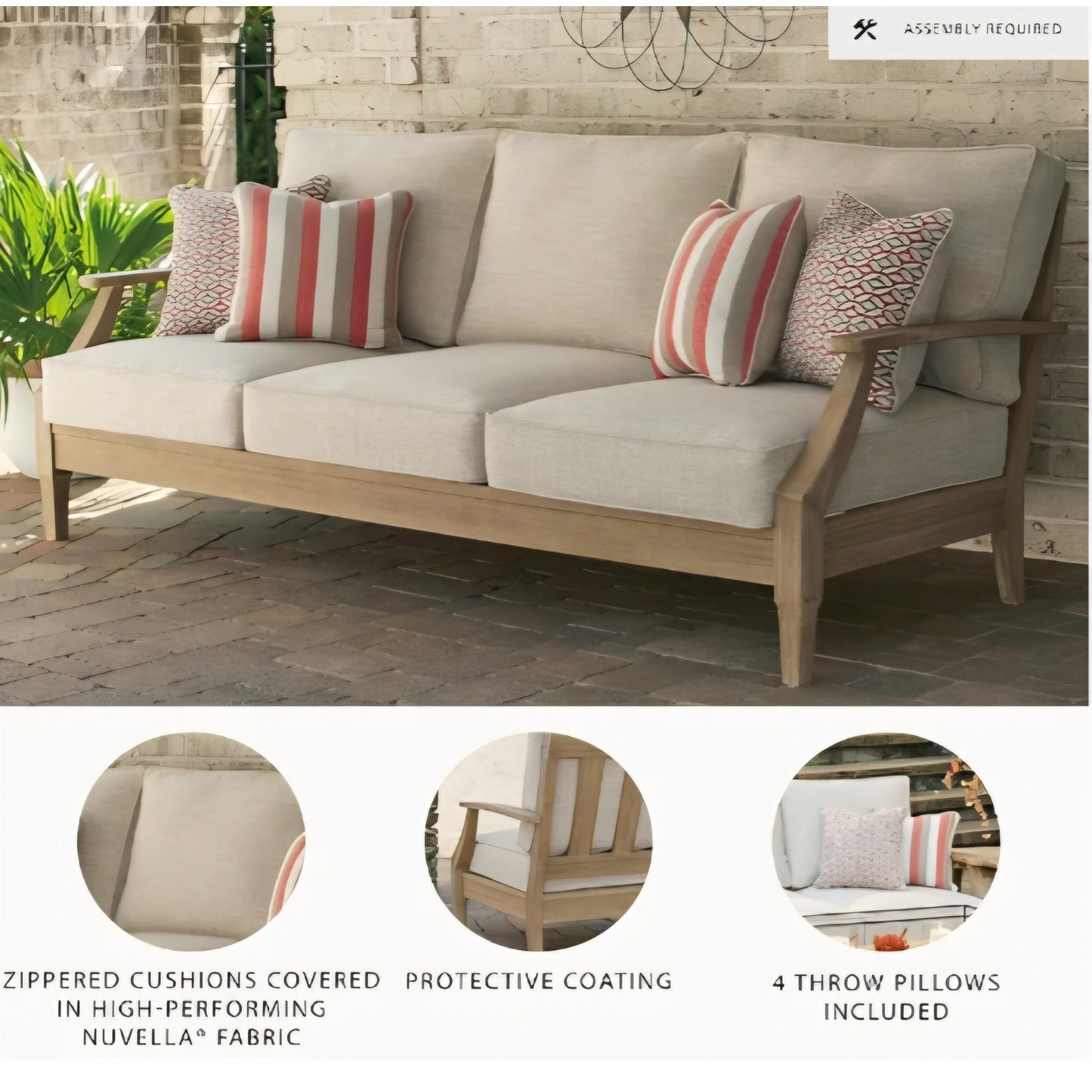 Signature Design by Ashley Clare View Coastal Outdoor Patio Eucalyptus Sofa with Cushions, Beige