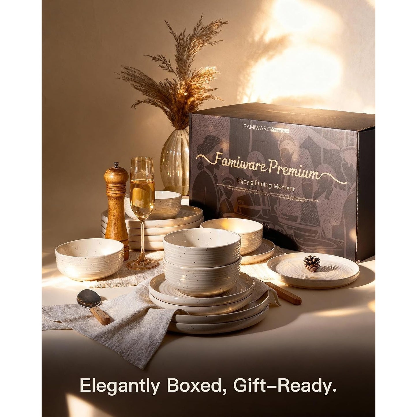 24-Pcs Reactive Glaze Stoneware Dinnerware Sets for 8 - Coupe Plates & Bowls, Shell Beige